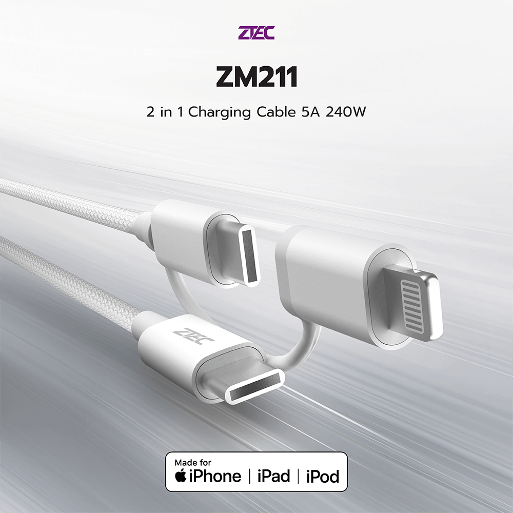 สายชาร์จไนลอนถัก  ZTEC ZM211 2 IN 1 สีขาว MFI 5A 240W USB-C TO USB-C & LIGHTNING_1
